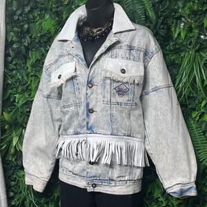 Vintage Dont Stop Size M Acid Wash Denim Jacket White Leather Fringe Embroidered